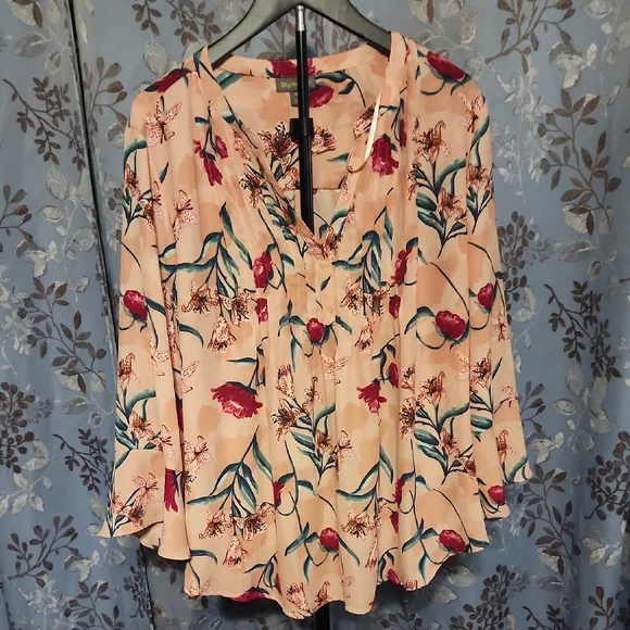 Style & Co. Peach Floral Split-Neck Blouse - Picture 1 of 4